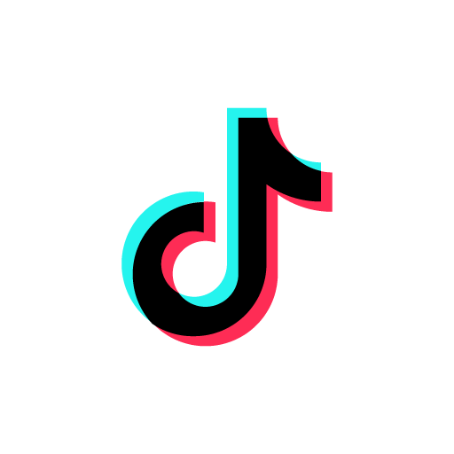 TikTok logo with vibrant cyan and red shadows on black background.
