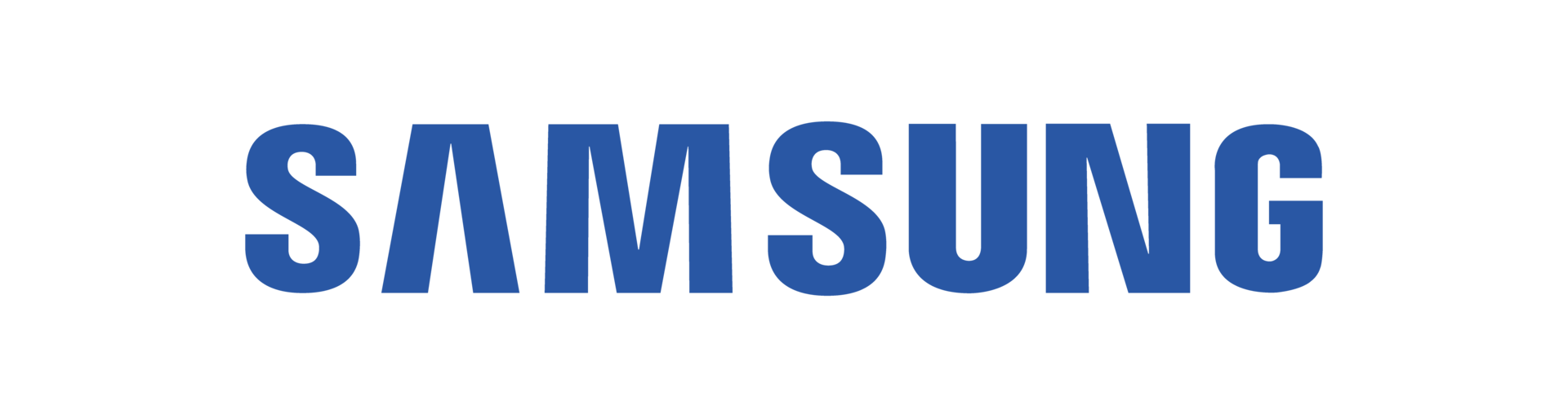 Samsung logo in bold blue letters on black background.